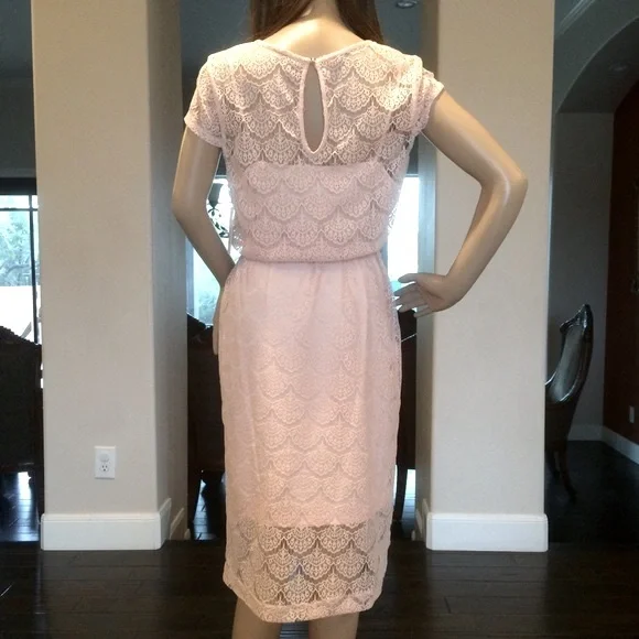 Jessica Simpson Lace Midi Dress Size 8 Blush Pink Scalloped Chain Collar Belted - Picture 3 of 16